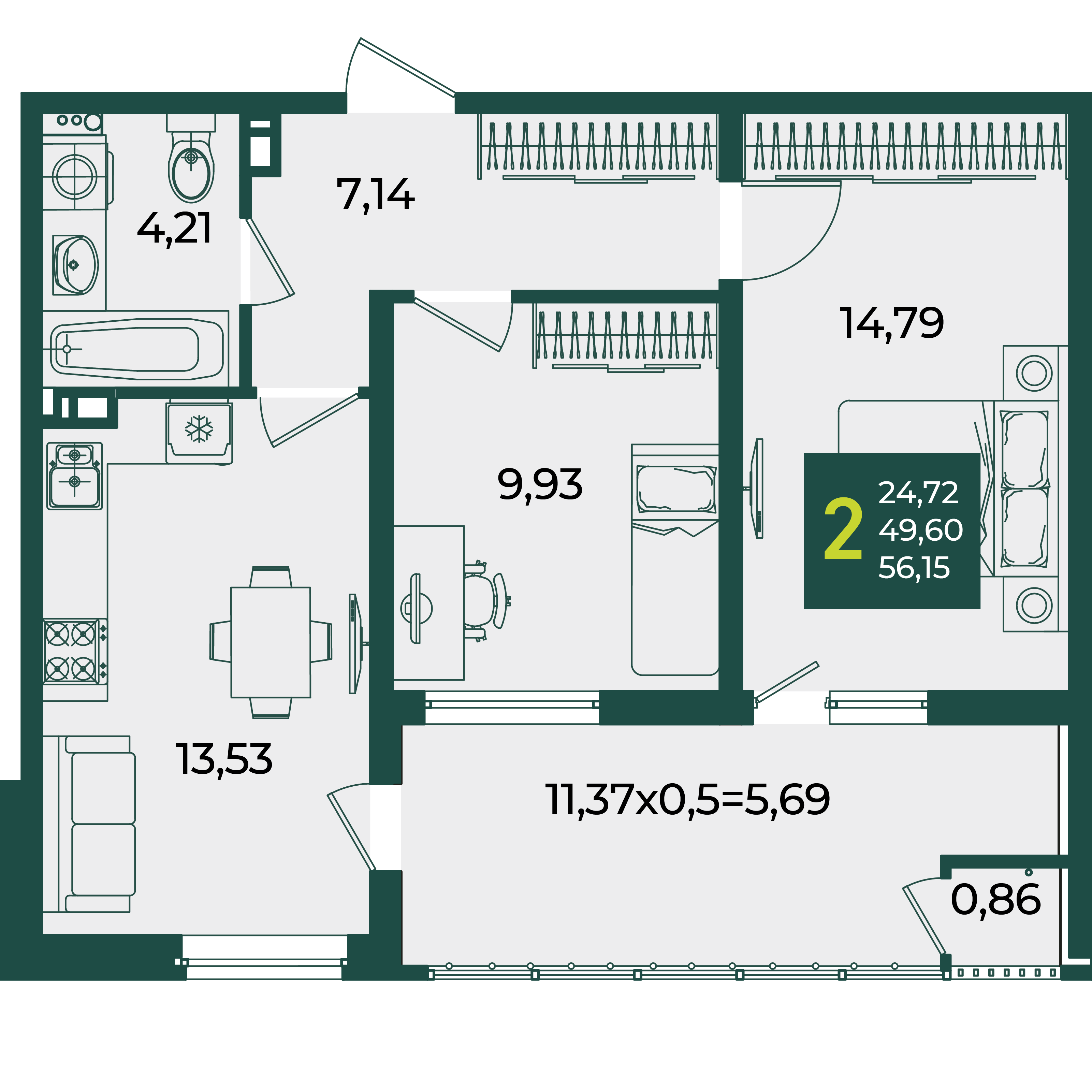 2-комнатная 56 м2 в ЖК Образцово корпус null этаж 13