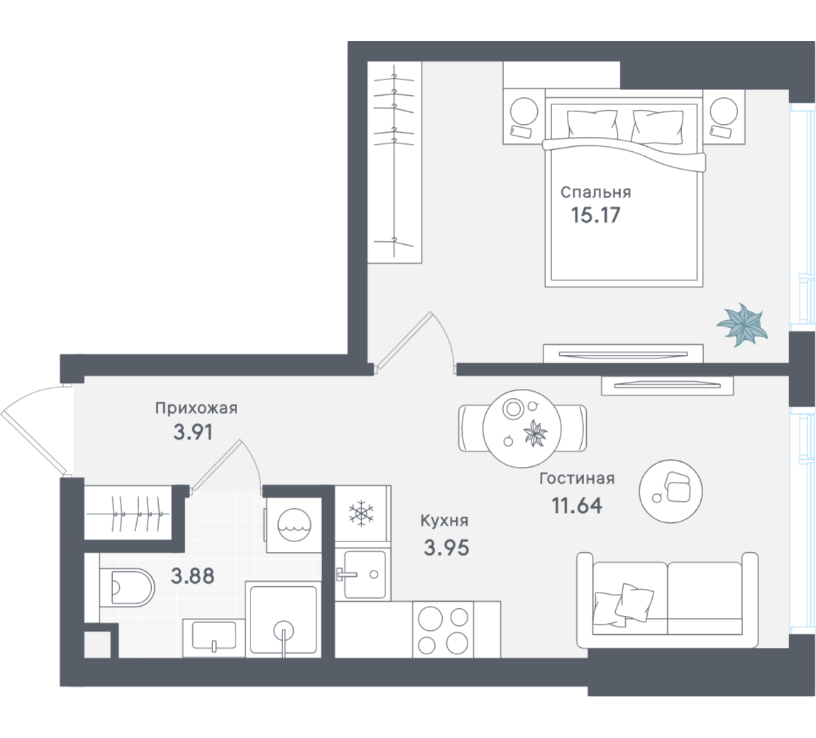 1-комнатная 38 м2 в ЖК Solos корпус null этаж 17