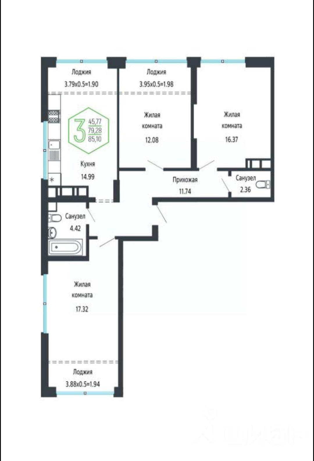 4-комнатная 80.5 м2 в ЖК undefined корпус null этаж 19
