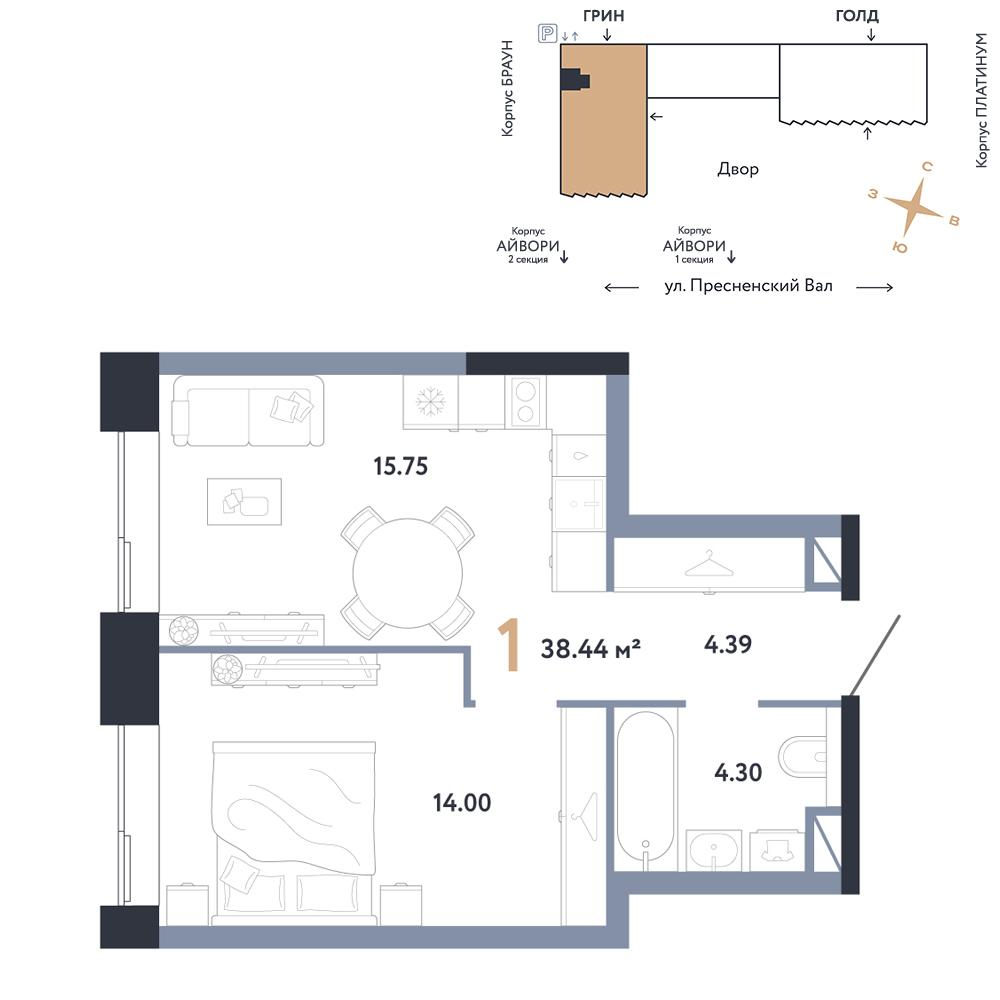 1-комнатная 38 м2 в ЖК Репаблик корпус null этаж 6