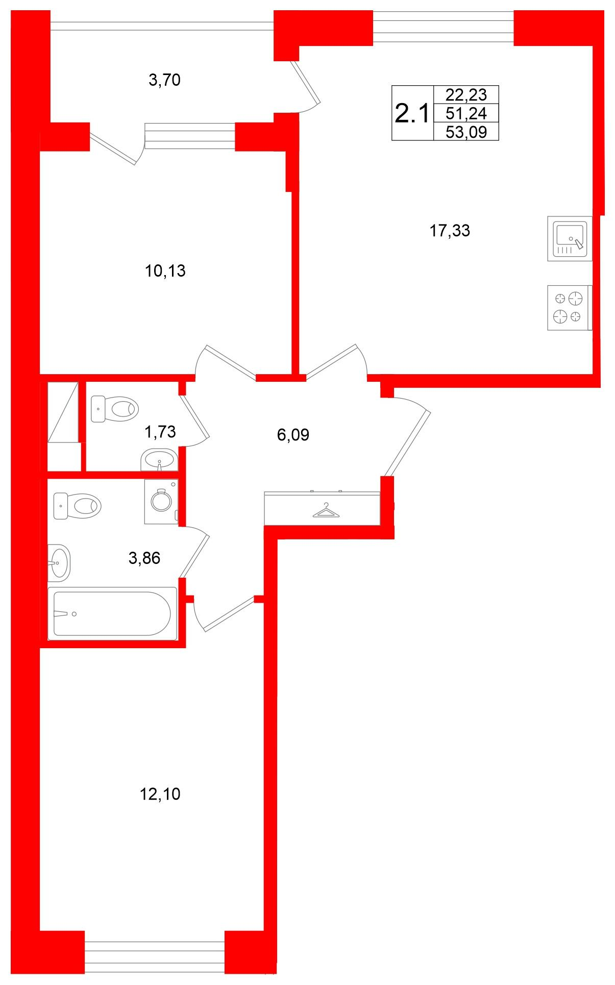 2-комнатная 51 м2 в ЖК Титул в Московском корпус null этаж 10