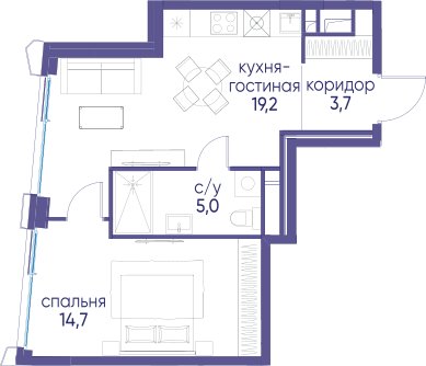 1-комнатная 42 м2 в ЖК Остров корпус null этаж 4