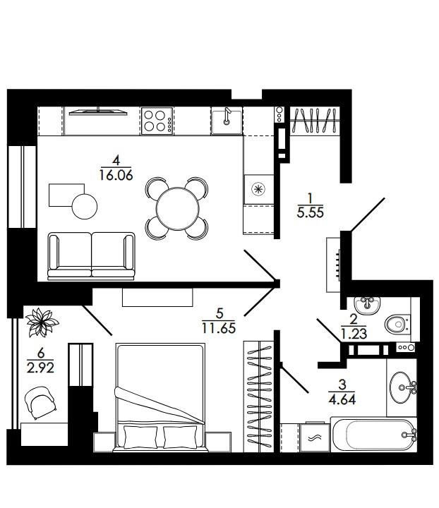 1-комнатная 43.4 м2 в ЖК undefined корпус null этаж 17