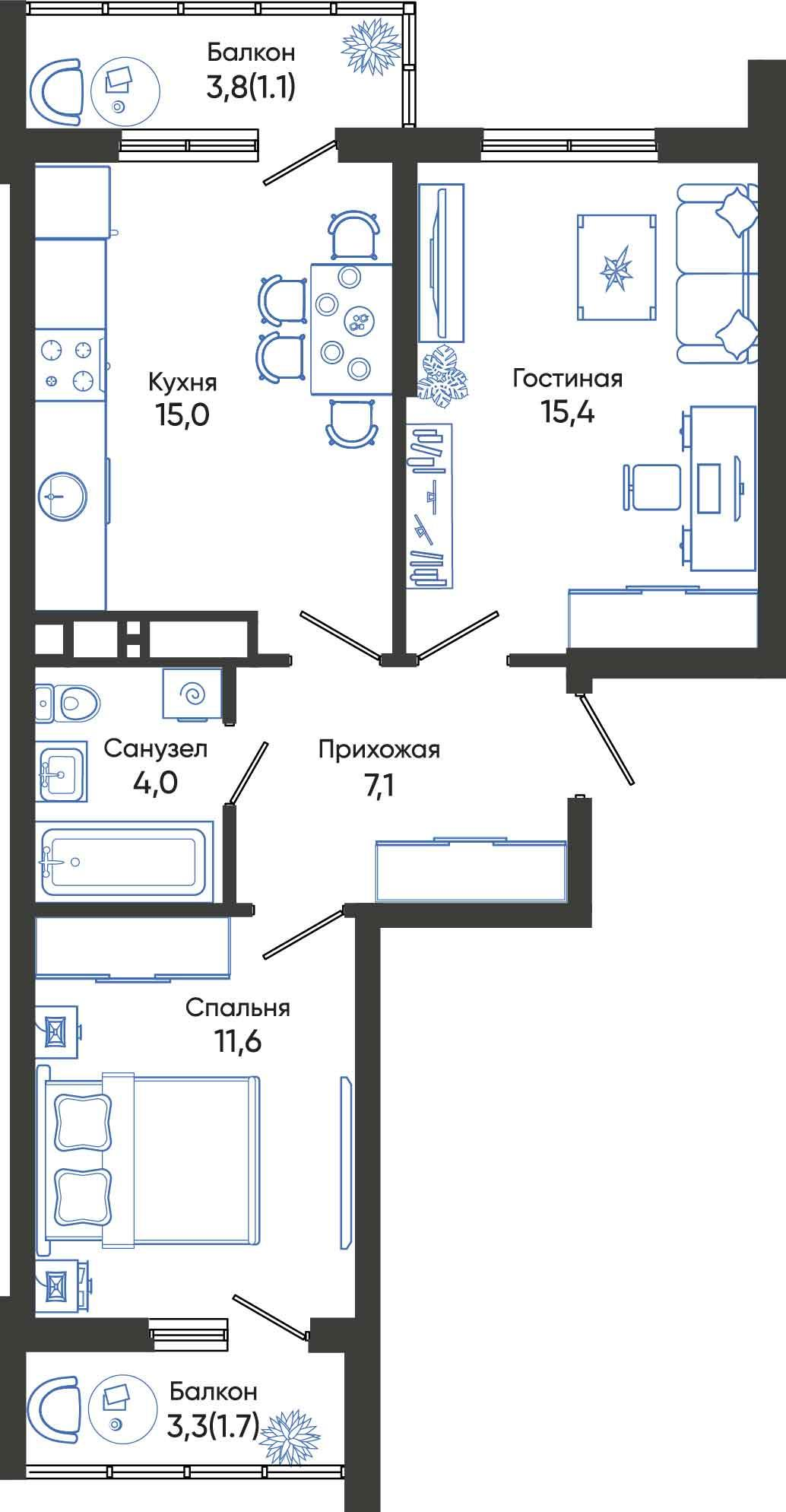 2-комнатная 55 м2 в ЖК Облака корпус null этаж 8