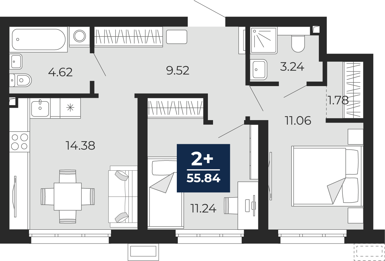 2-комнатная 55 м2 в ЖК Беринг корпус null этаж 1