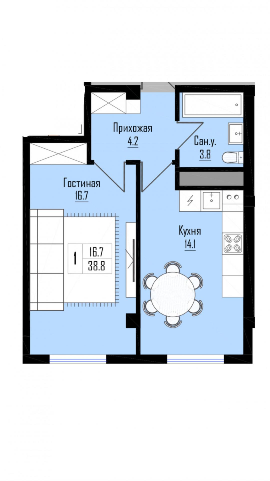 1-комнатная 38.8 м2 в ЖК undefined корпус null этаж 7