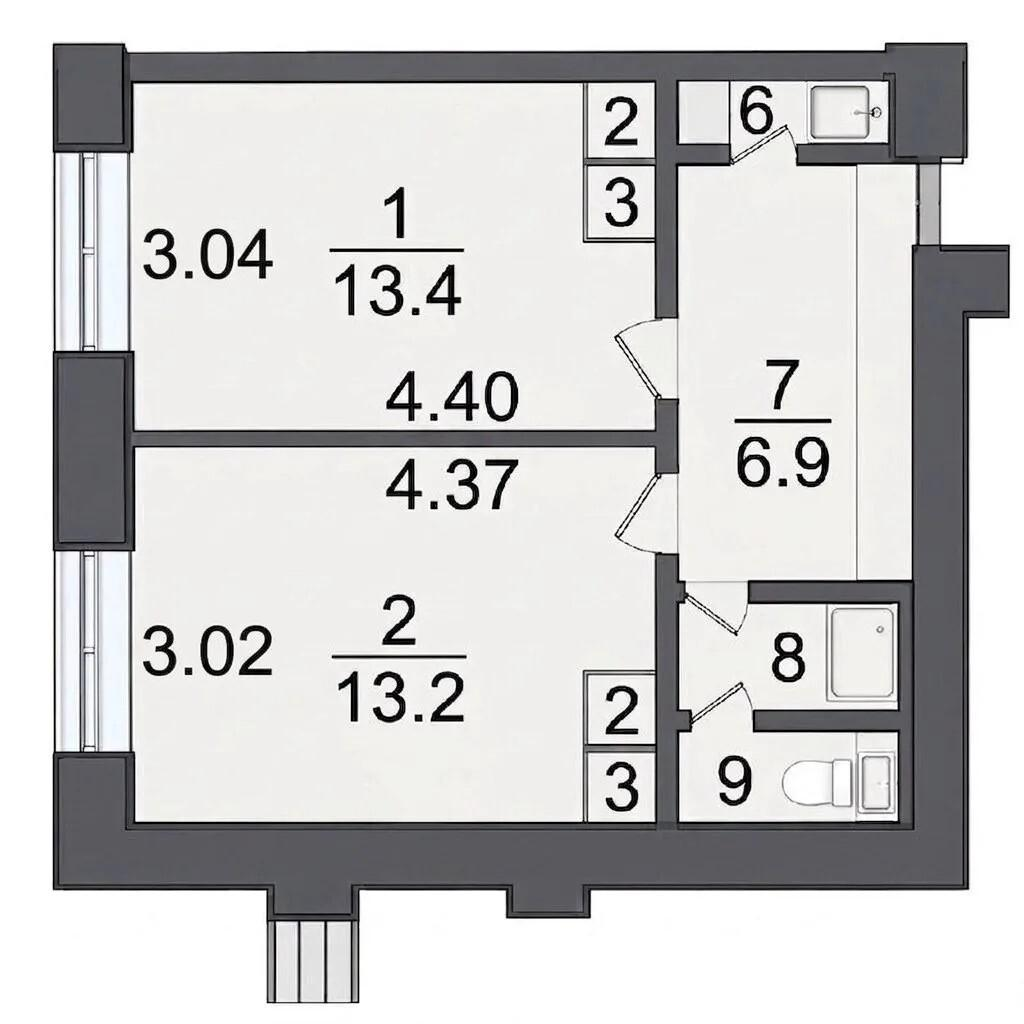 2-комнатная 35.9 м2 в ЖК undefined корпус null этаж 9