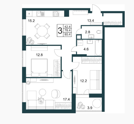 3-комнатная 80.4 м2 в ЖК undefined корпус null этаж 1