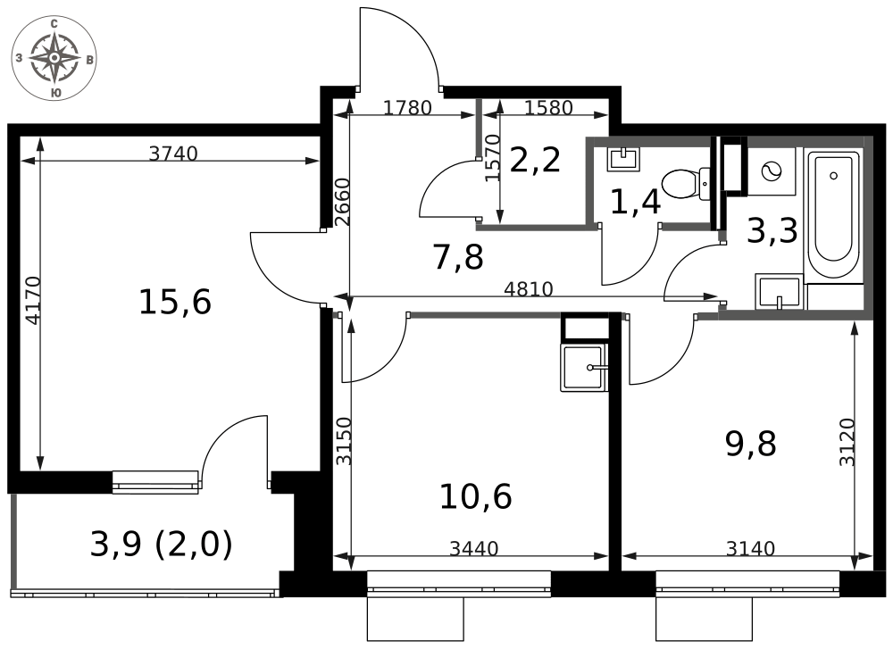 2-комнатная 52 м2 в ЖК 1-й Саларьевский корпус null этаж 9
