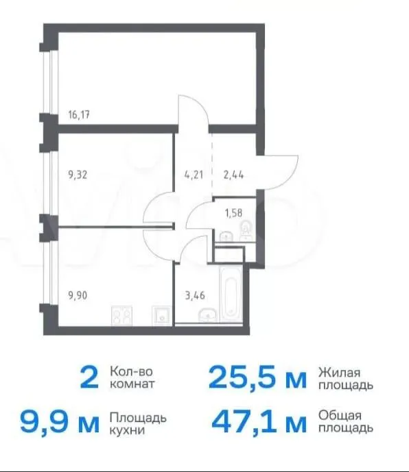 2-комнатная 47.8 м2 в ЖК undefined корпус null этаж 6