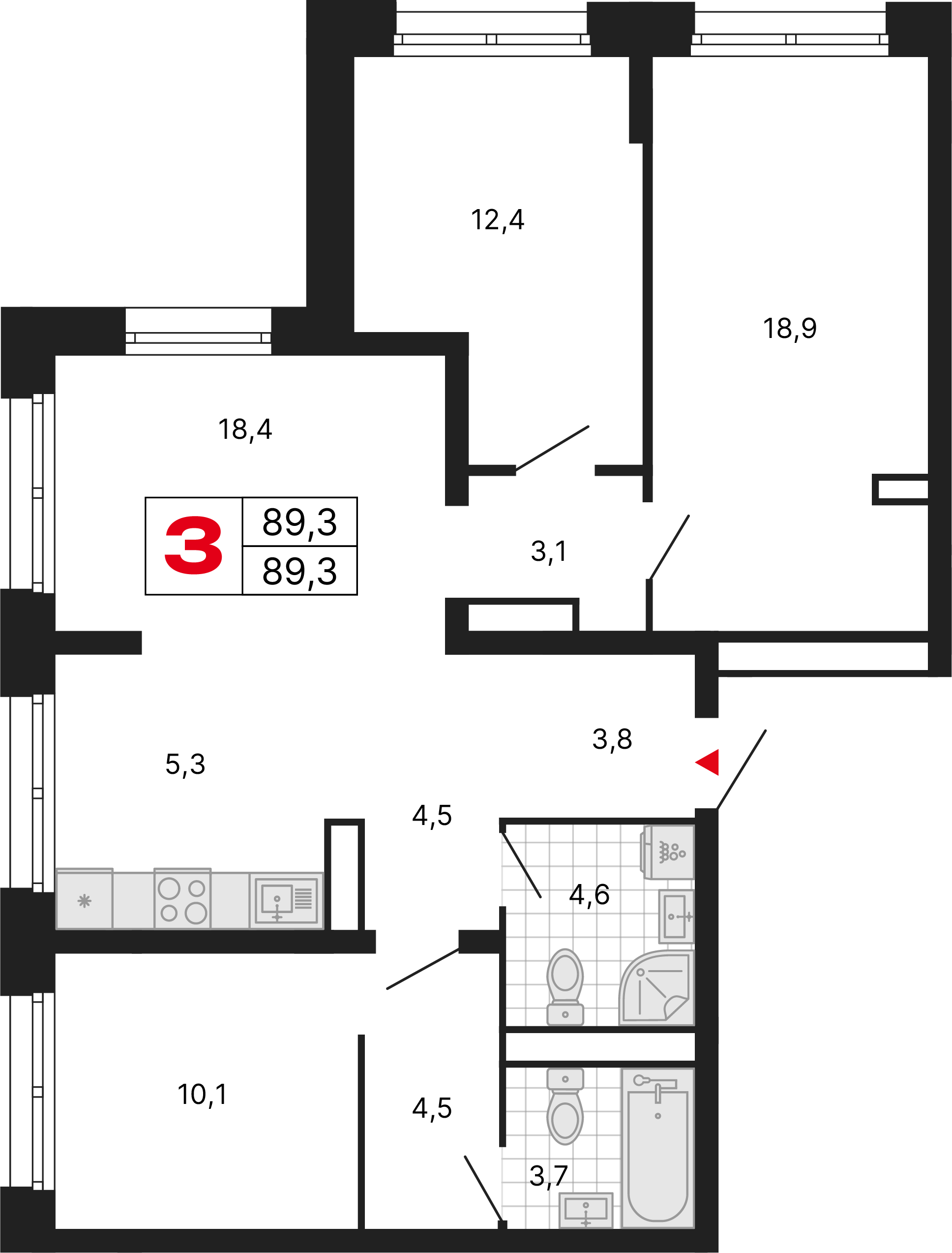 3-комнатная 89 м2 в ЖК Бестселлер корпус null этаж 16