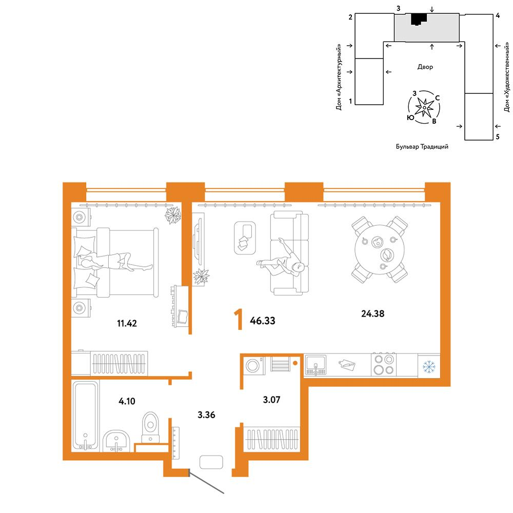 1-комнатная 46 м2 в ЖК Микрорайон Домашний корпус null этаж 8