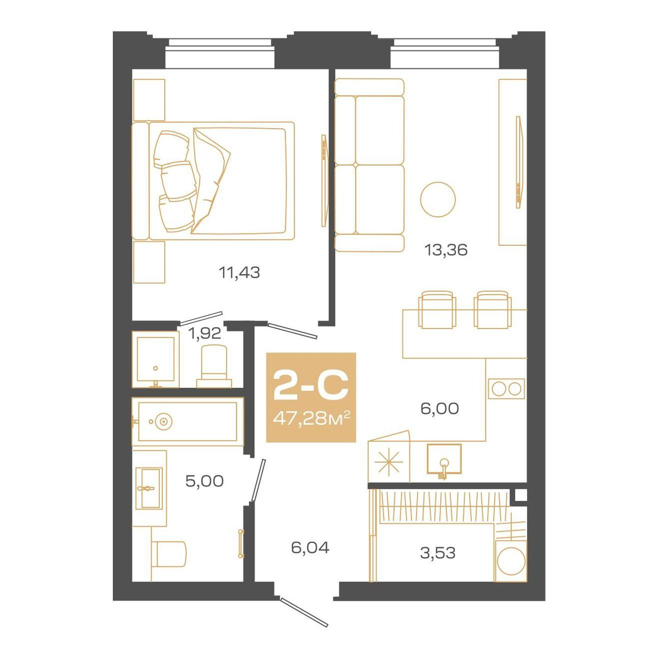 2-комнатная 47 м2 в ЖК Пульсар корпус null этаж 20