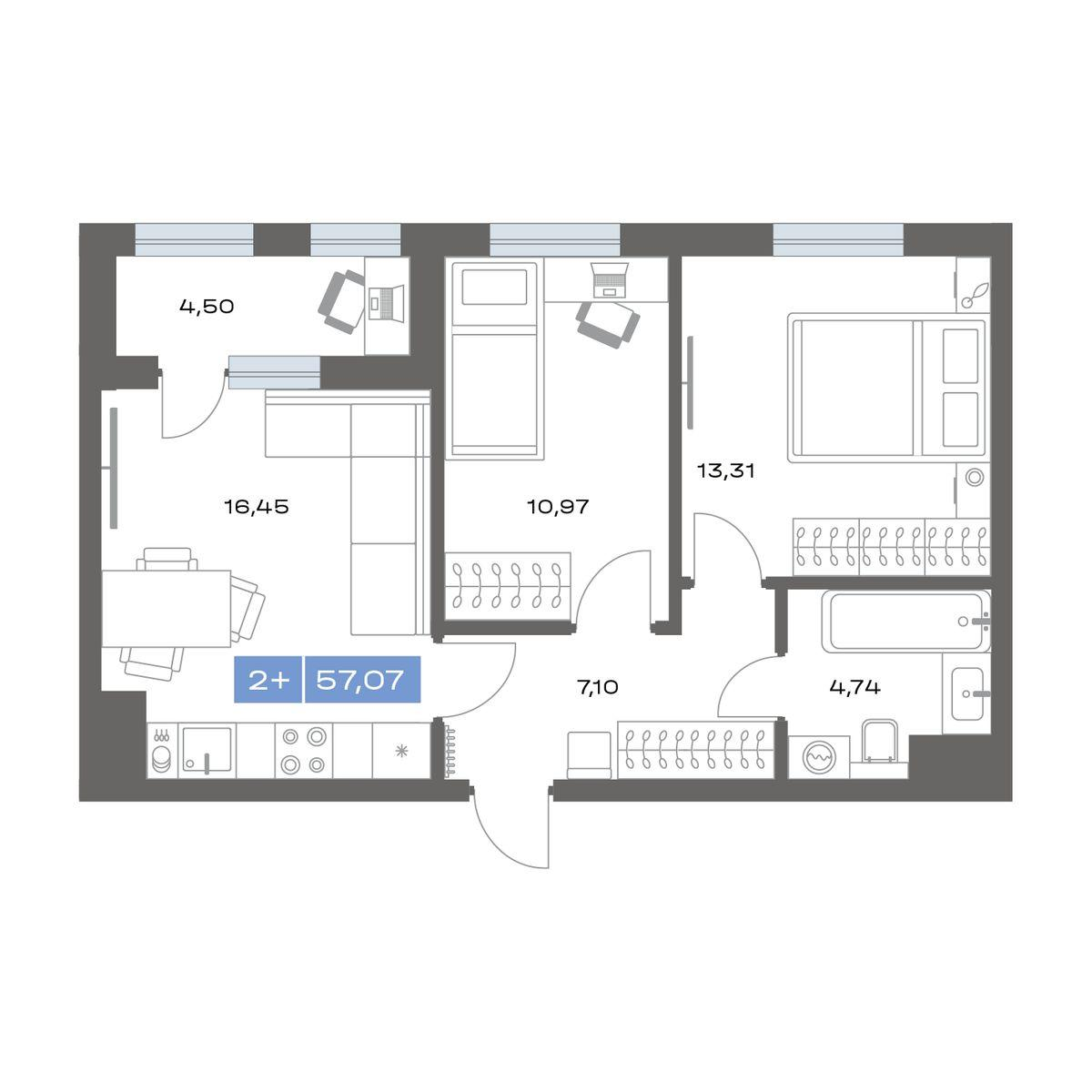 2-комнатная 57 м2 в ЖК Пятнашка корпус null этаж 14