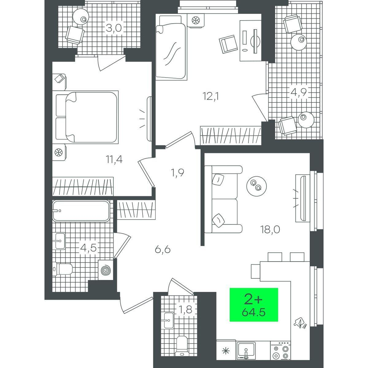 2-комнатная 64 м2 в ЖК Гранд Квартал корпус null этаж 14