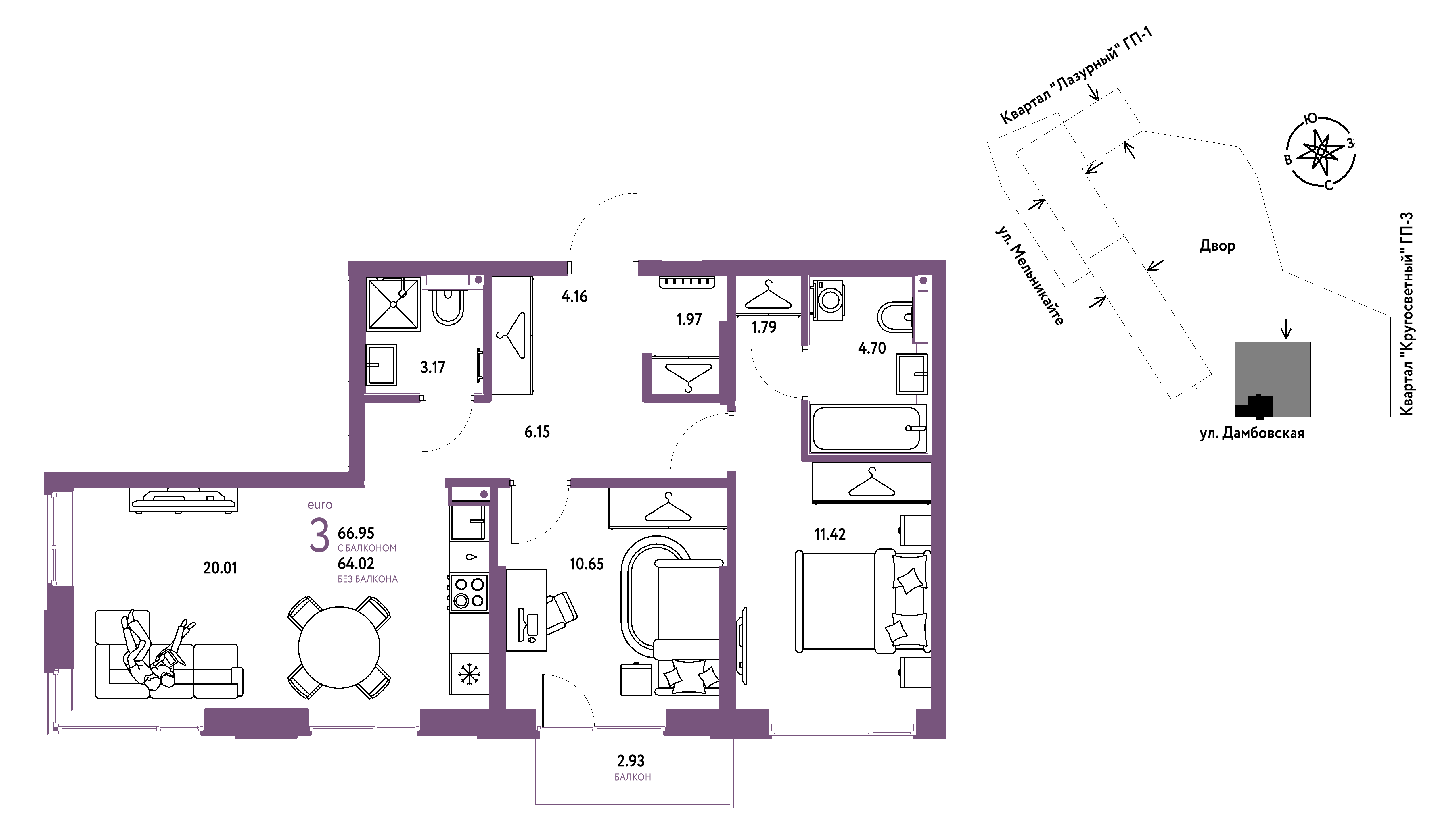 3-комнатная 66 м2 в ЖК Страна.Прибрежная корпус null этаж 4