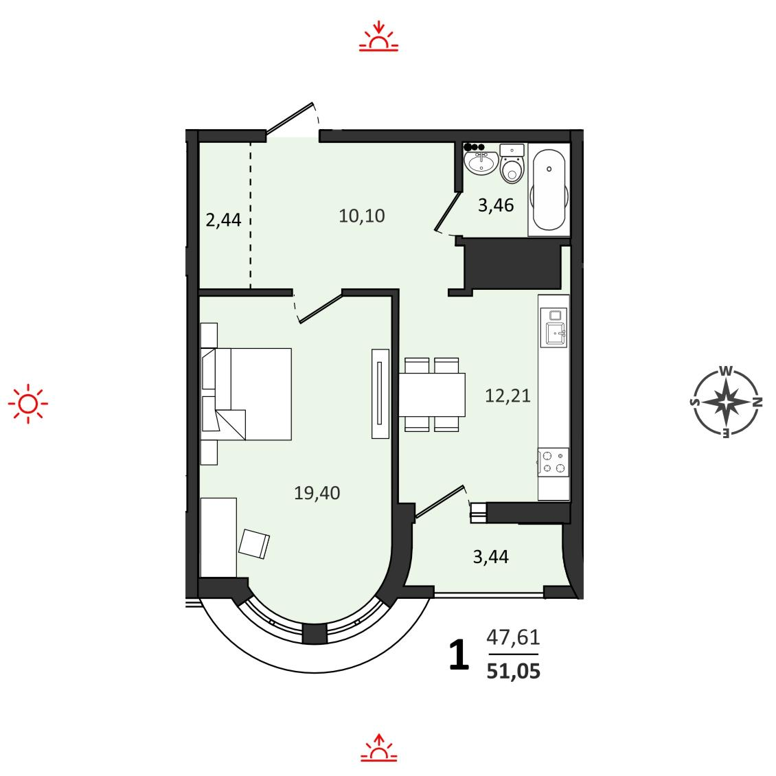 1-комнатная 51 м2 в ЖК Аккорд корпус null этаж 20