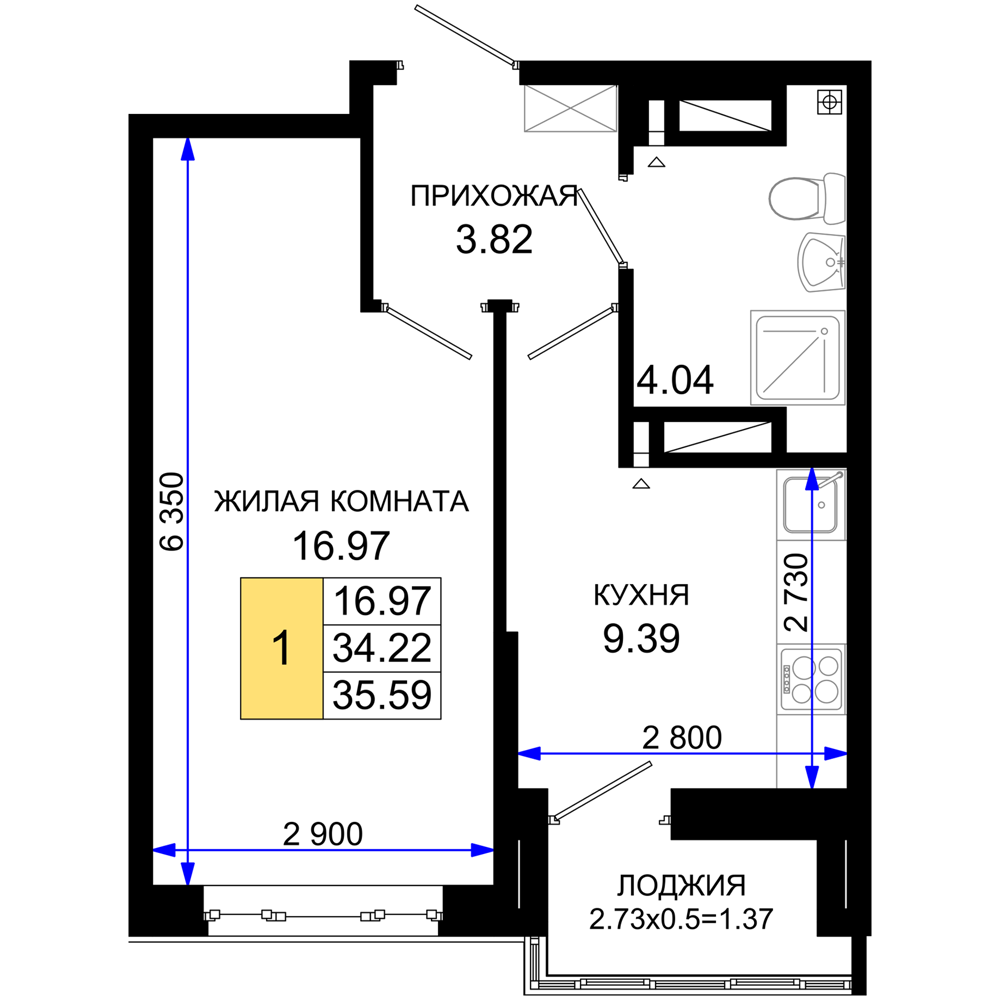 1-комнатная 35 м2 в ЖК Октябрь парк корпус null этаж 6