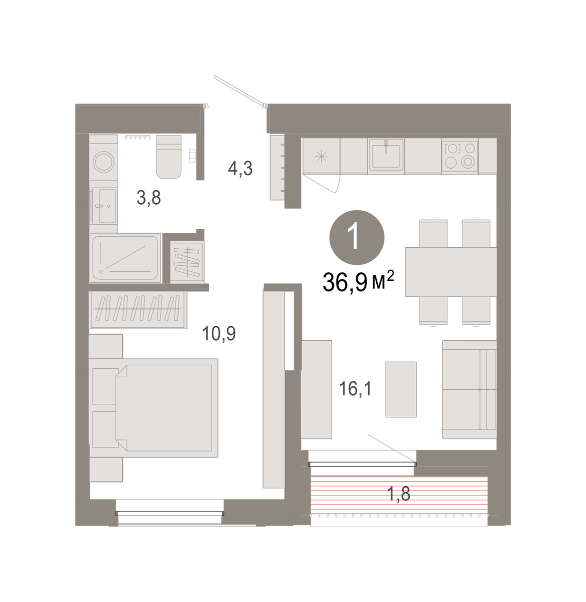 1-комнатная 36 м2 в ЖК Октябрьский на Туре корпус null этаж 2