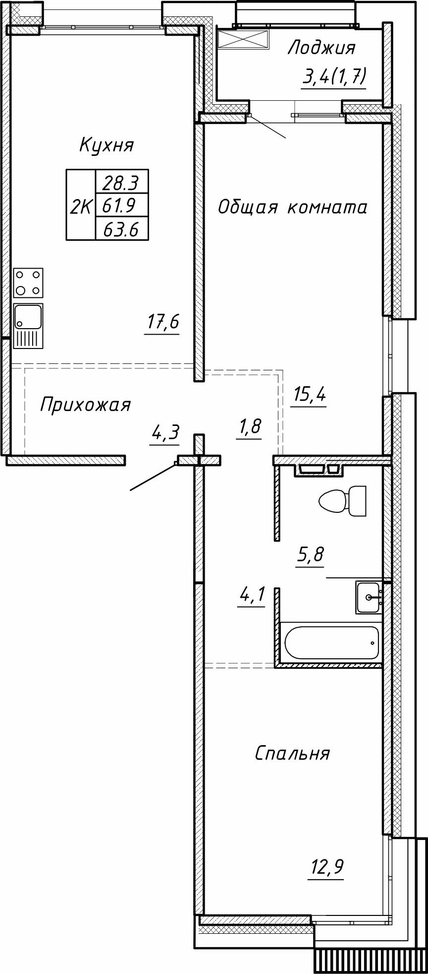 2-комнатная 63 м2 в ЖК Гренландия корпус null этаж 3