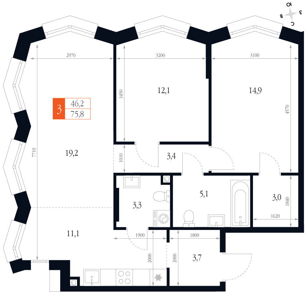 3-комнатная 75 м2 в ЖК Фордевинд корпус null этаж 7