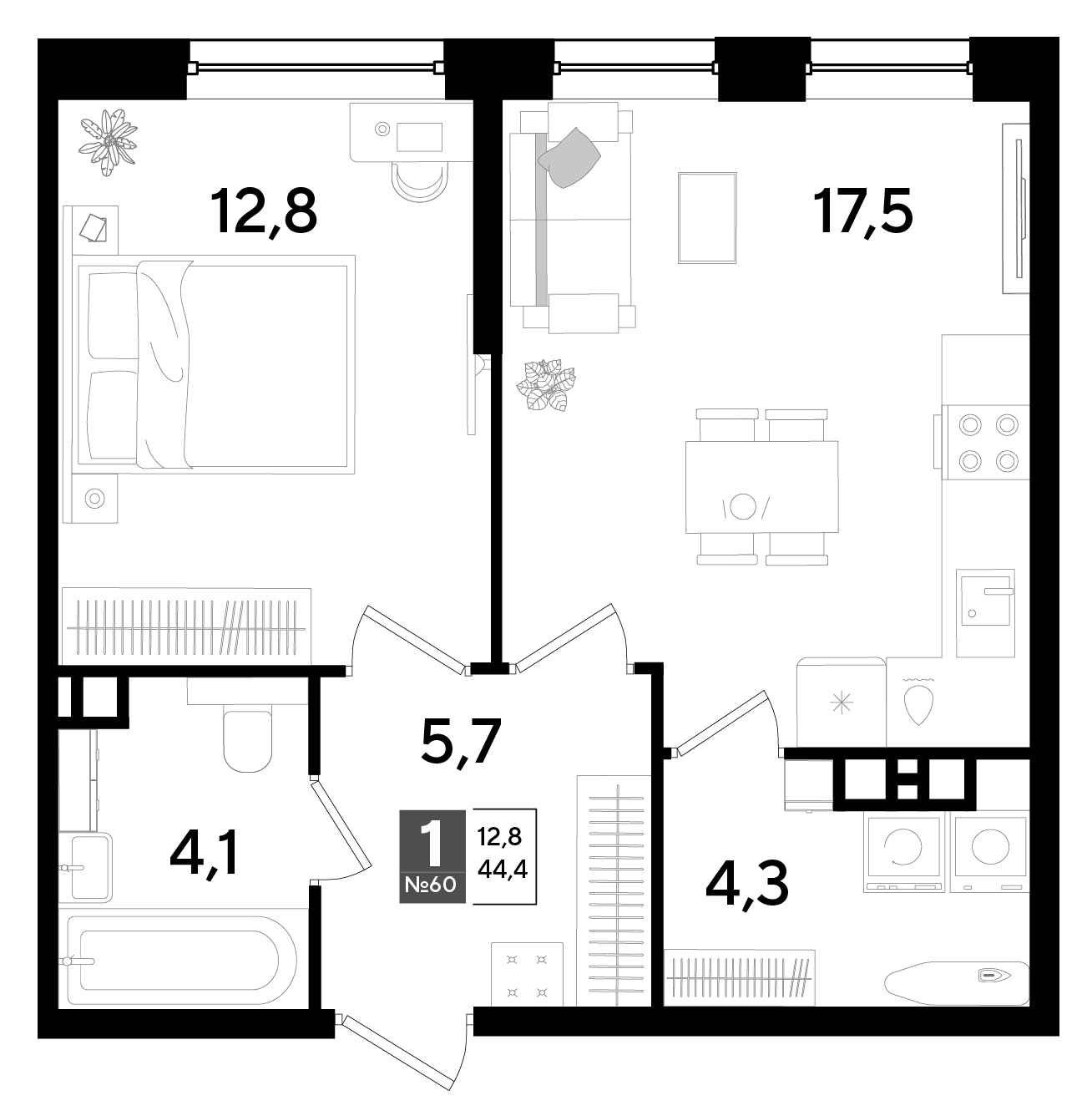 1-комнатная 44 м2 в ЖК Dogma Park корпус null этаж 9