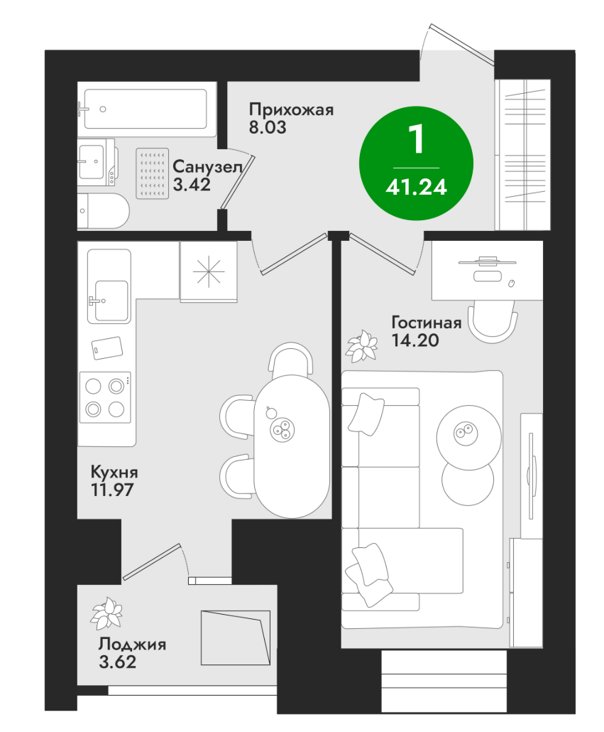 1-комнатная 42 м2 в ЖК undefined корпус null этаж 3