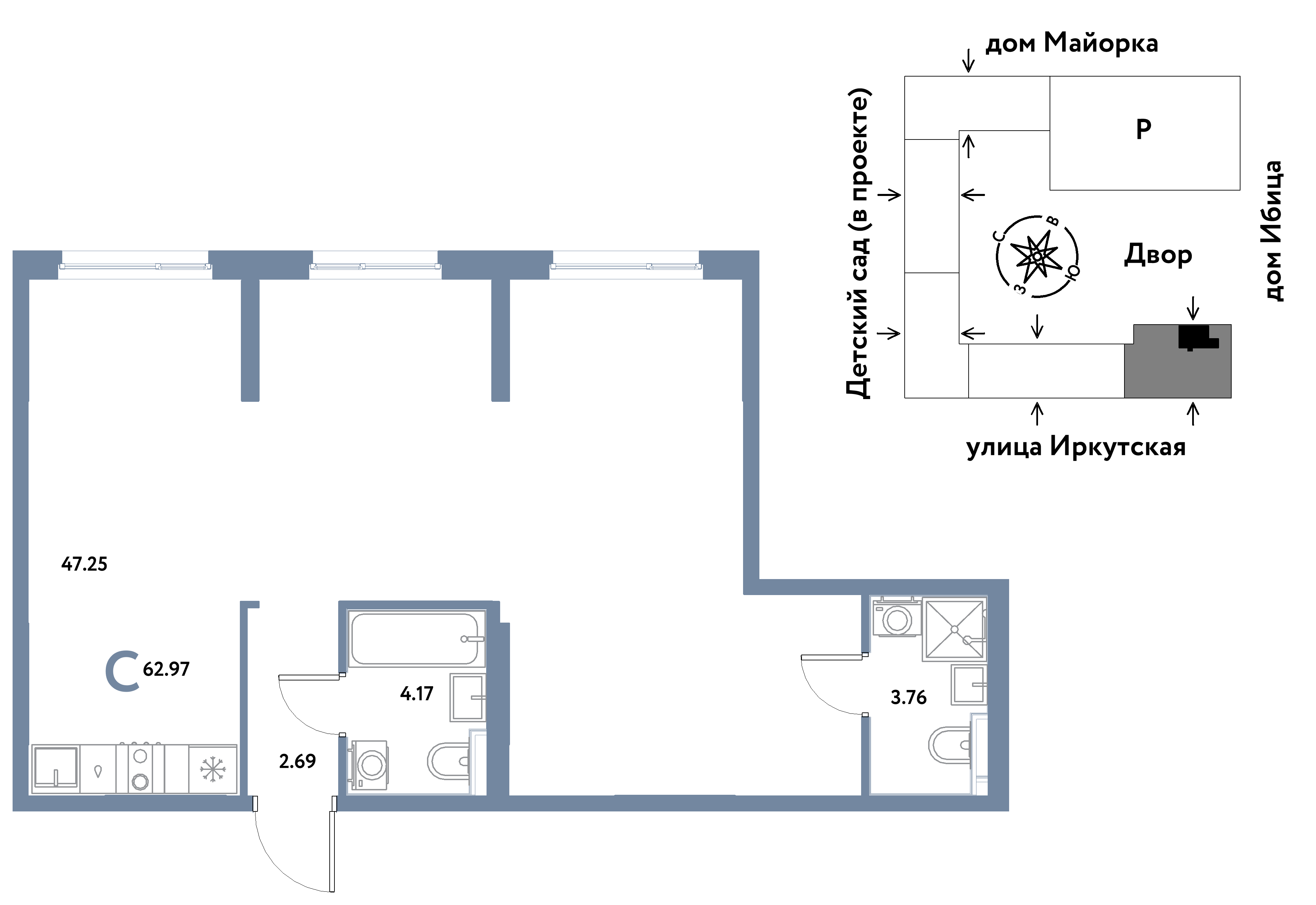 Студия 62 м2 в ЖК Остров-сад корпус null этаж 18