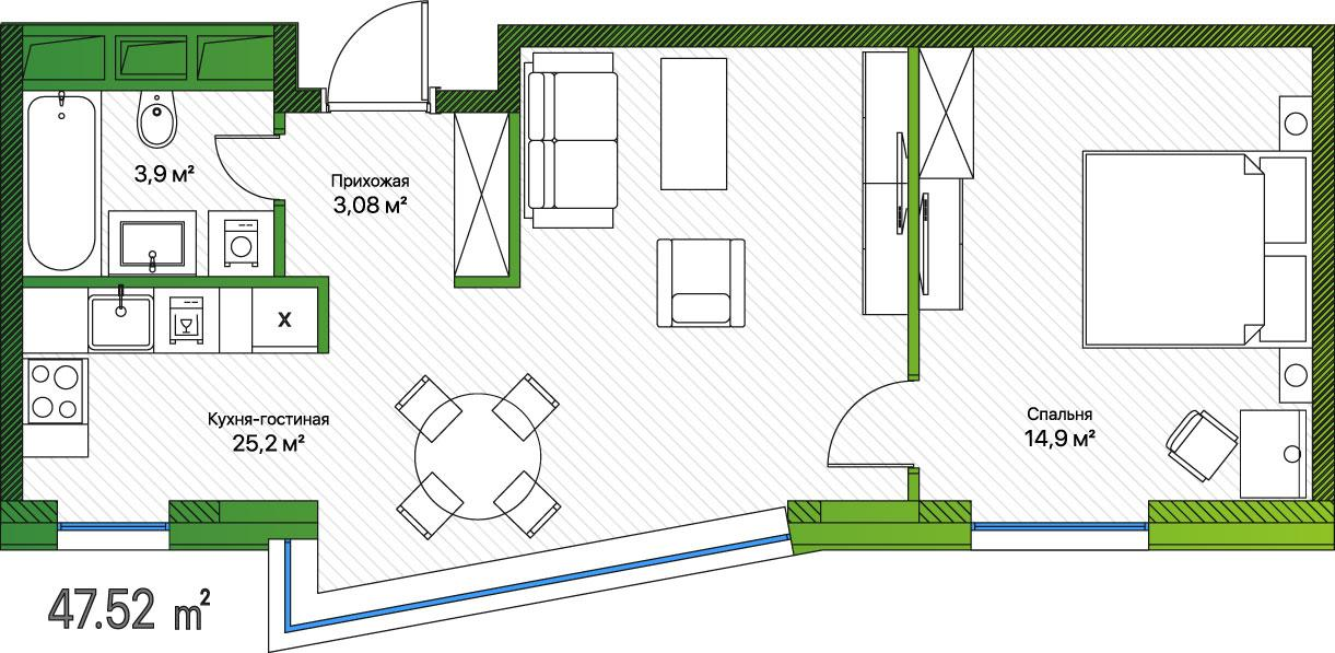 2-комнатная 47 м2 в ЖК LES корпус null этаж 9