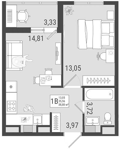 1-комнатная 37 м2 в ЖК Юго Западный корпус null этаж 4