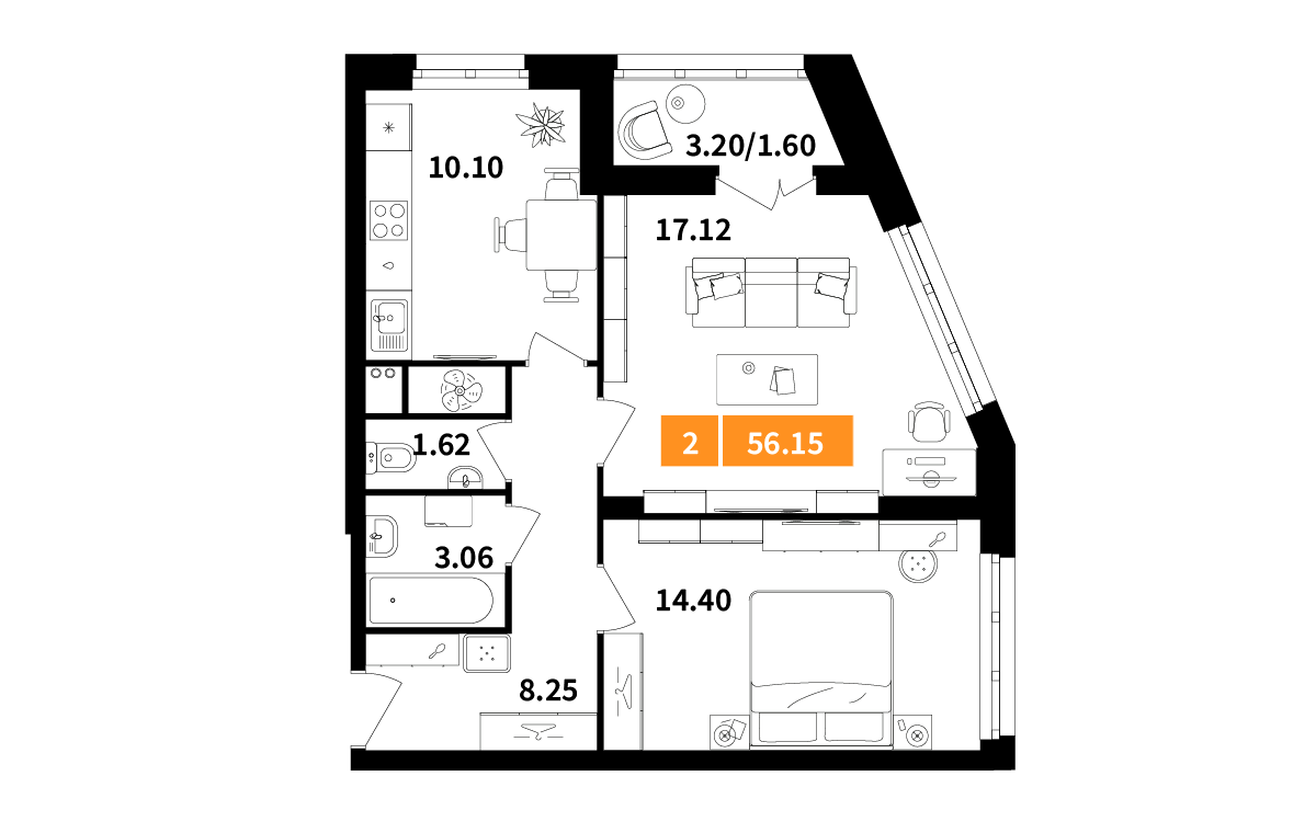 2-комнатная 56 м2 в ЖК Планерный квартал корпус null этаж 14