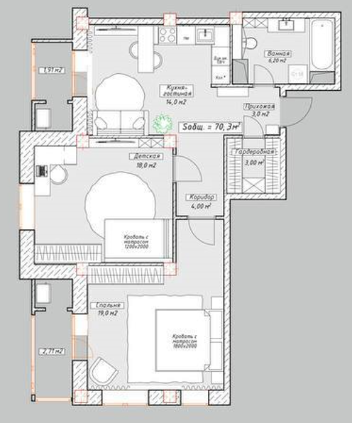 2-комнатная 71.7 м2 в ЖК undefined корпус null этаж 11