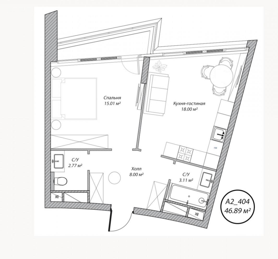 2-комнатная 47 м2 в ЖК undefined корпус null этаж 2