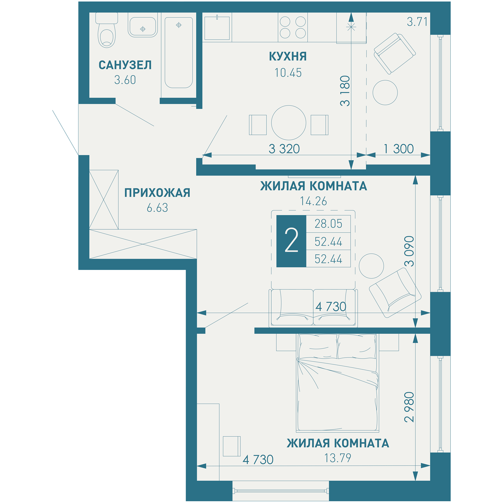 2-комнатная 53 м2 в ЖК ИНАЧЕ в Молодежном корпус null этаж 5