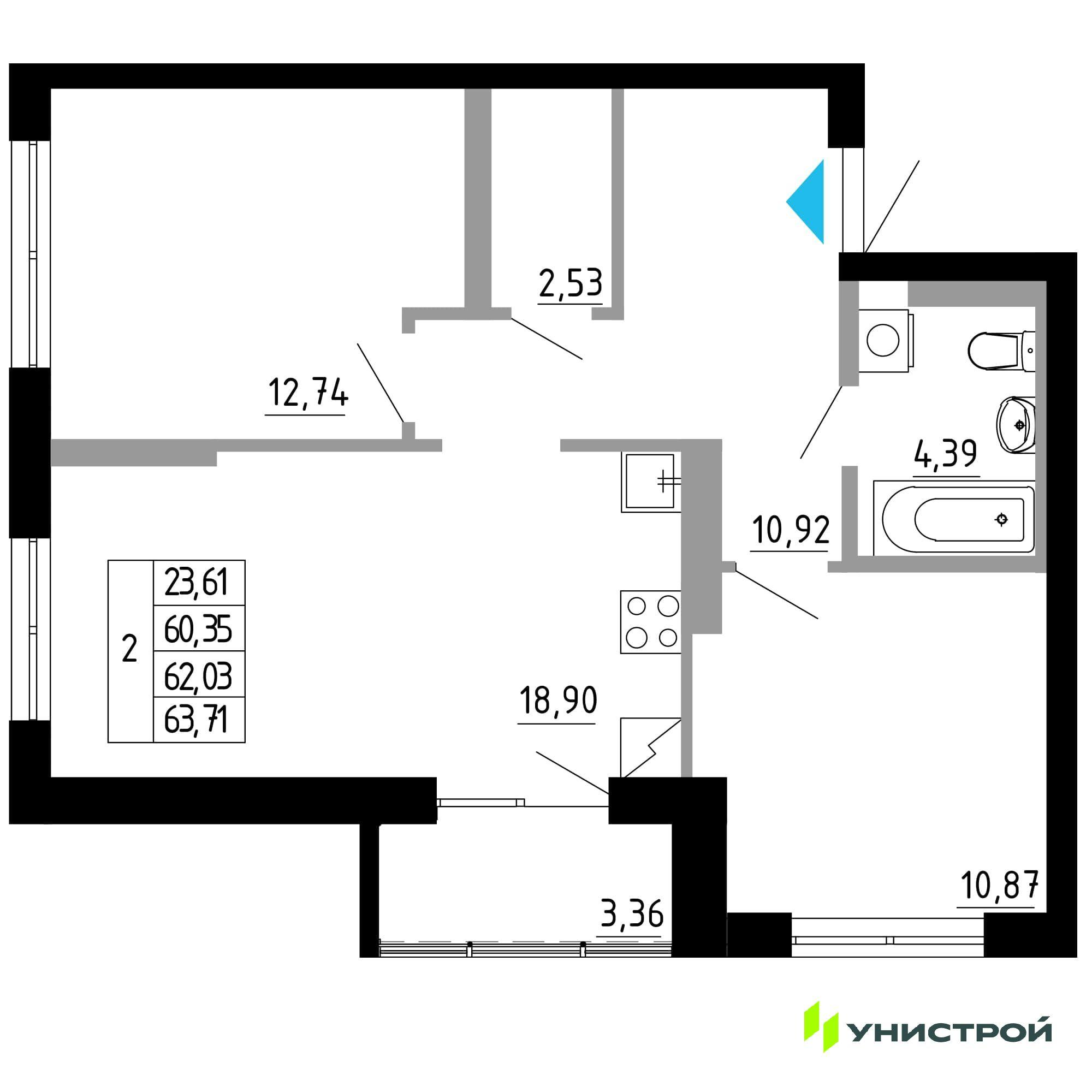 2-комнатная 62 м2 в ЖК Небосклоны корпус null этаж 14