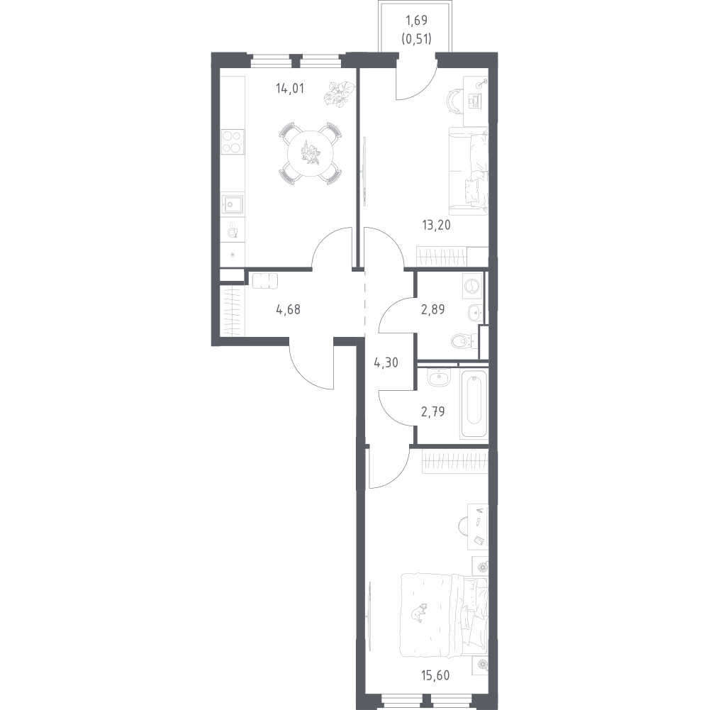 2-комнатная 57 м2 в ЖК Космический Квартал корпус null этаж 7