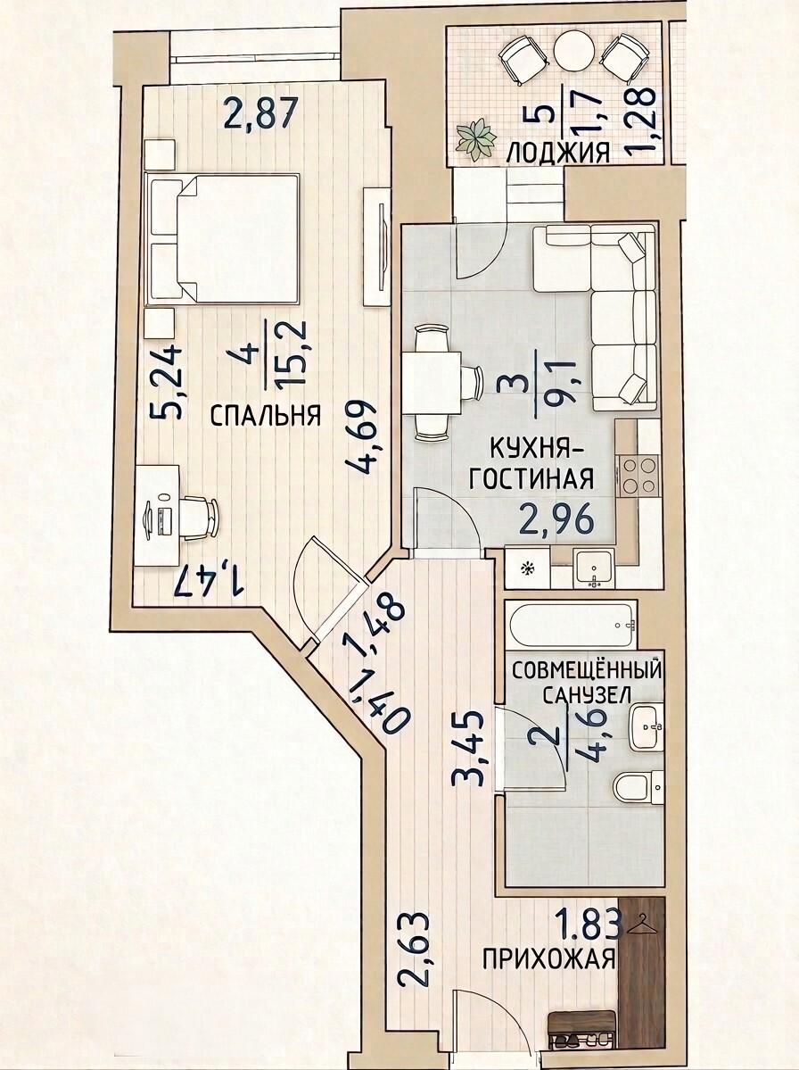 1-комнатная 38.6 м2 в ЖК undefined корпус null этаж 11