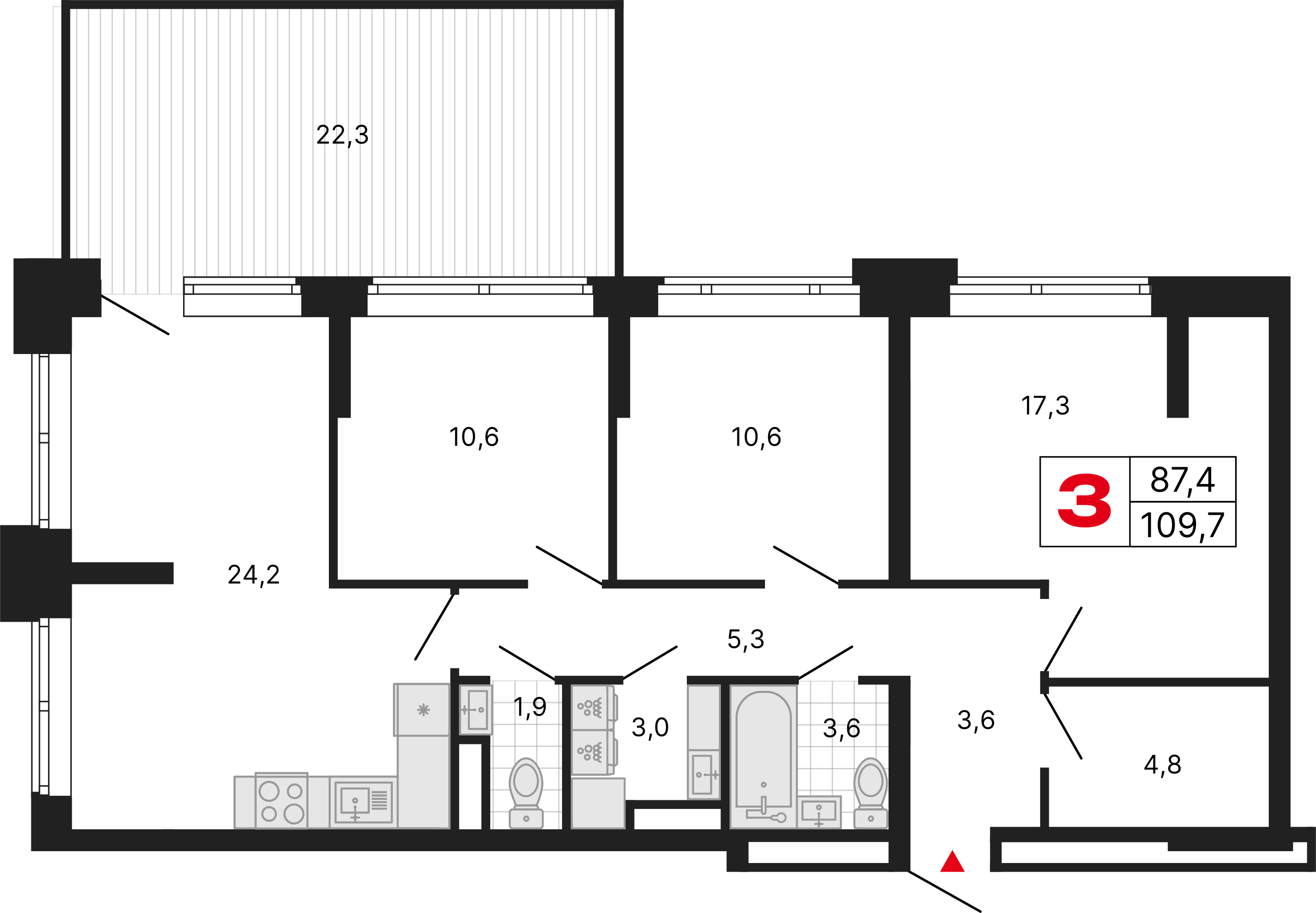 3-комнатная 109 м2 в ЖК Бестселлер корпус null этаж 3