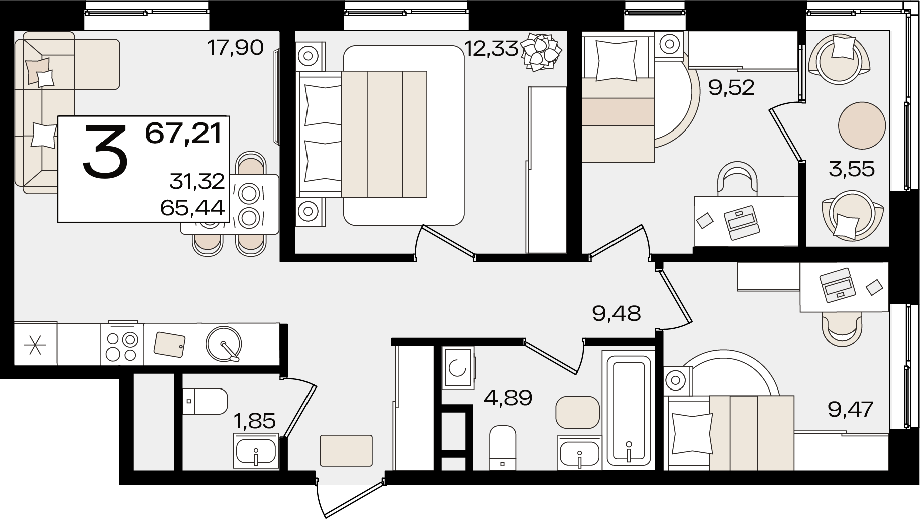 3-комнатная 67 м2 в ЖК Патрики корпус null этаж 2