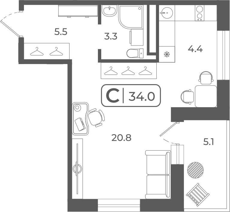 Студия 33.8 м2 в ЖК undefined корпус null этаж 22