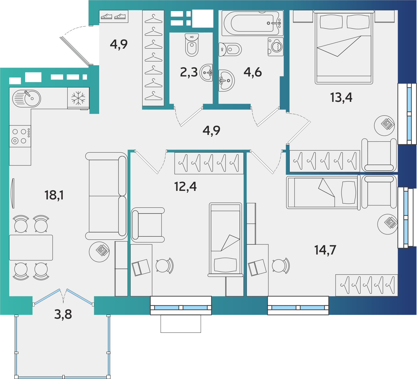 3-комнатная 76 м2 в ЖК Экополис корпус null этаж 7