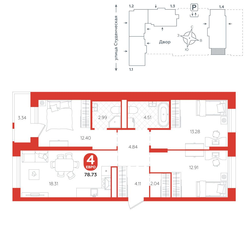 4-комнатная 78 м2 в ЖК Теплые кварталы корпус null этаж 4