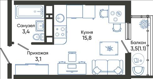 Студия 23 м2 в ЖК Облака корпус null этаж 15