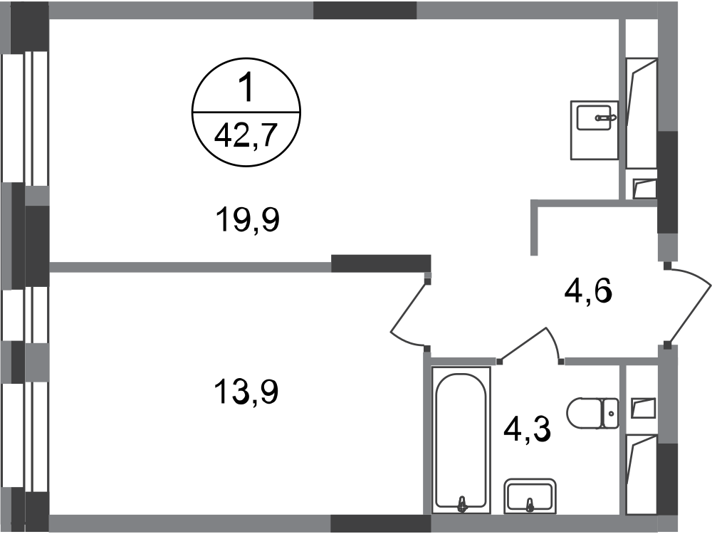 1-комнатная 42 м2 в ЖК Первый Московский корпус null этаж 7