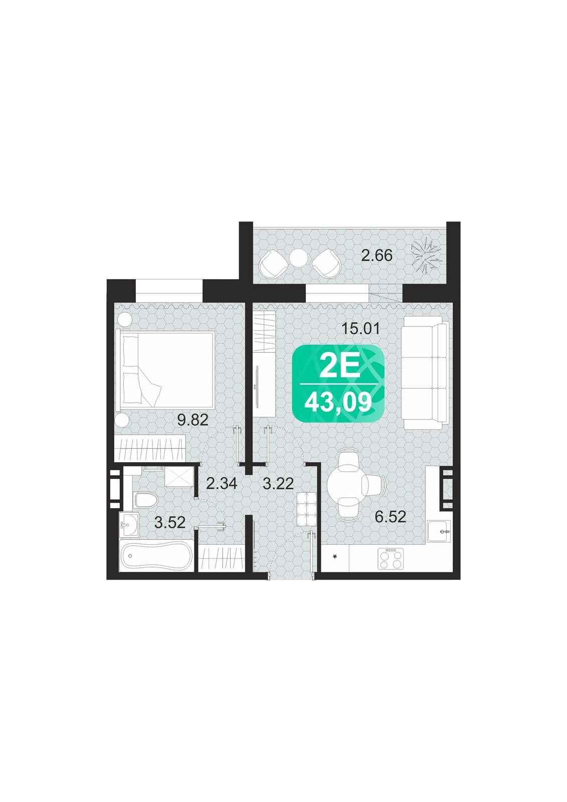 2-комнатная 43 м2 в ЖК Серебряный бор корпус null этаж 9
