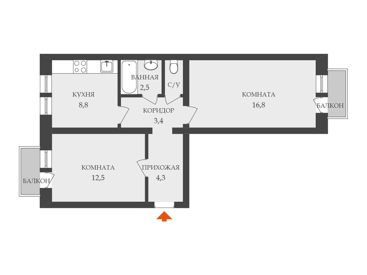 2-комнатная 49.5 м2 в ЖК undefined корпус null этаж 5