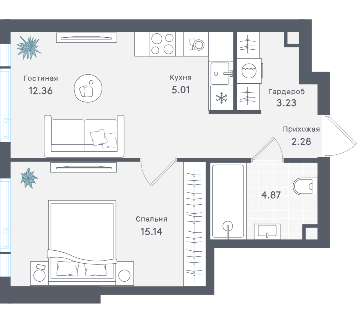 1-комнатная 42 м2 в ЖК Solos корпус null этаж 16