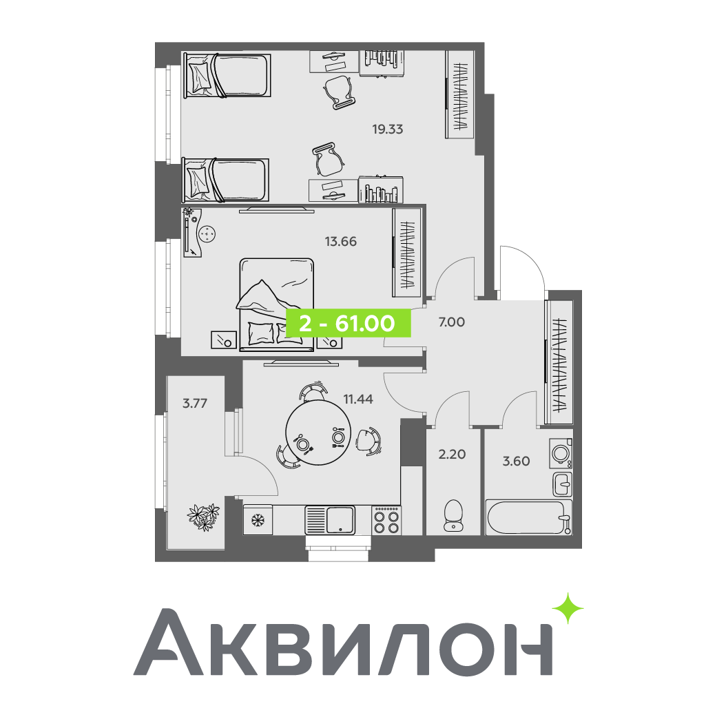 2-комнатная 61 м2 в ЖК Аквилон АКВАРТАЛ корпус null этаж 6