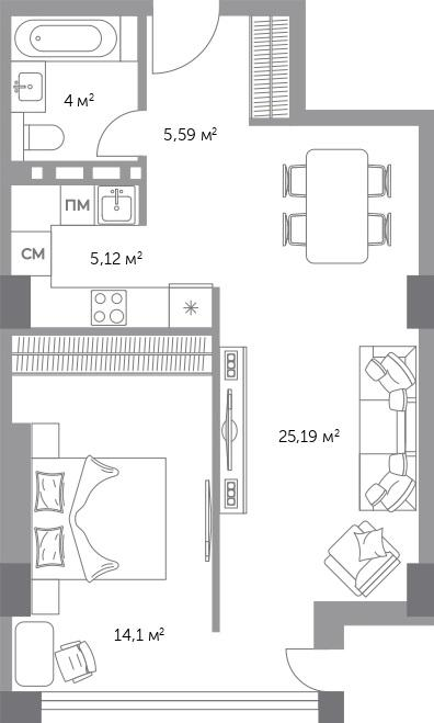 2-комнатная 55 м2 в ЖК Фьорд корпус null этаж 3