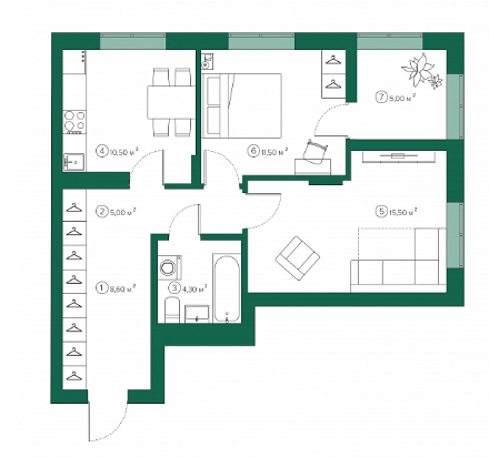2-комнатная 57.9 м2 в ЖК undefined корпус null этаж 6